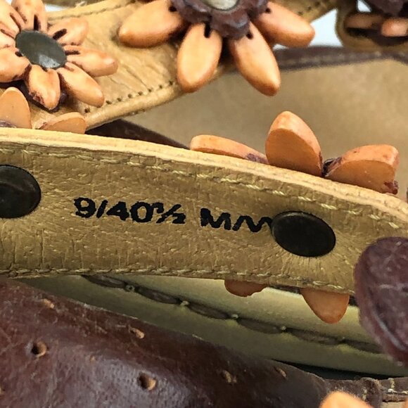 Born Women's Size 9 Brown Leather Flower Applique Open Toe Slip On Heeled Sandal - Picture 12 of 14